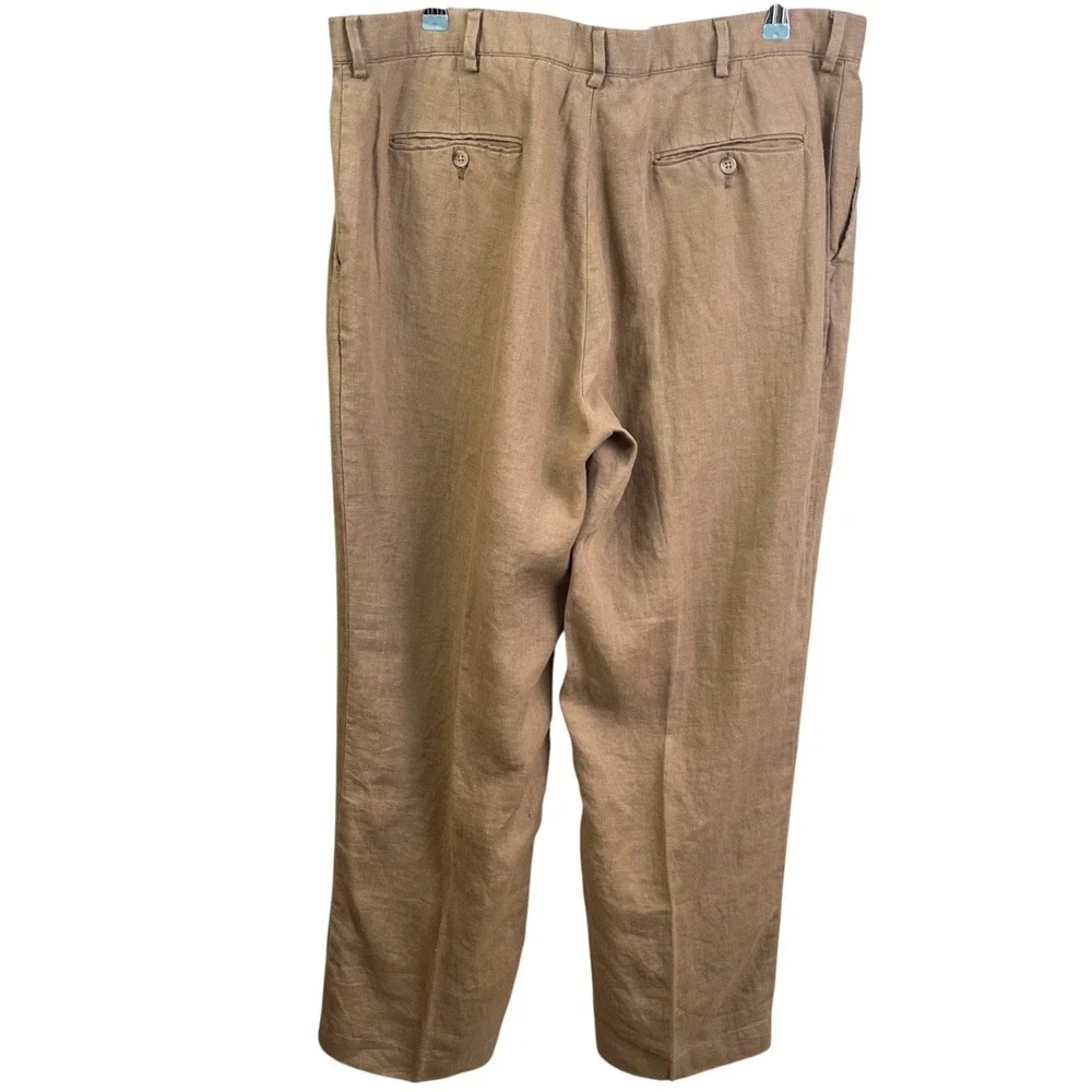 VTG Polo By Ralph Lauren 100% Linen Camel Flat Front Trousers 38x30 Preppy Men's
